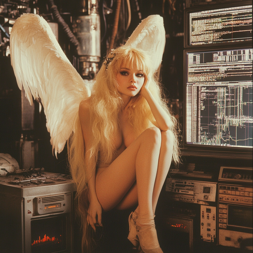 Blonde Cyber Angel Analyzing Charts on 90s Computer