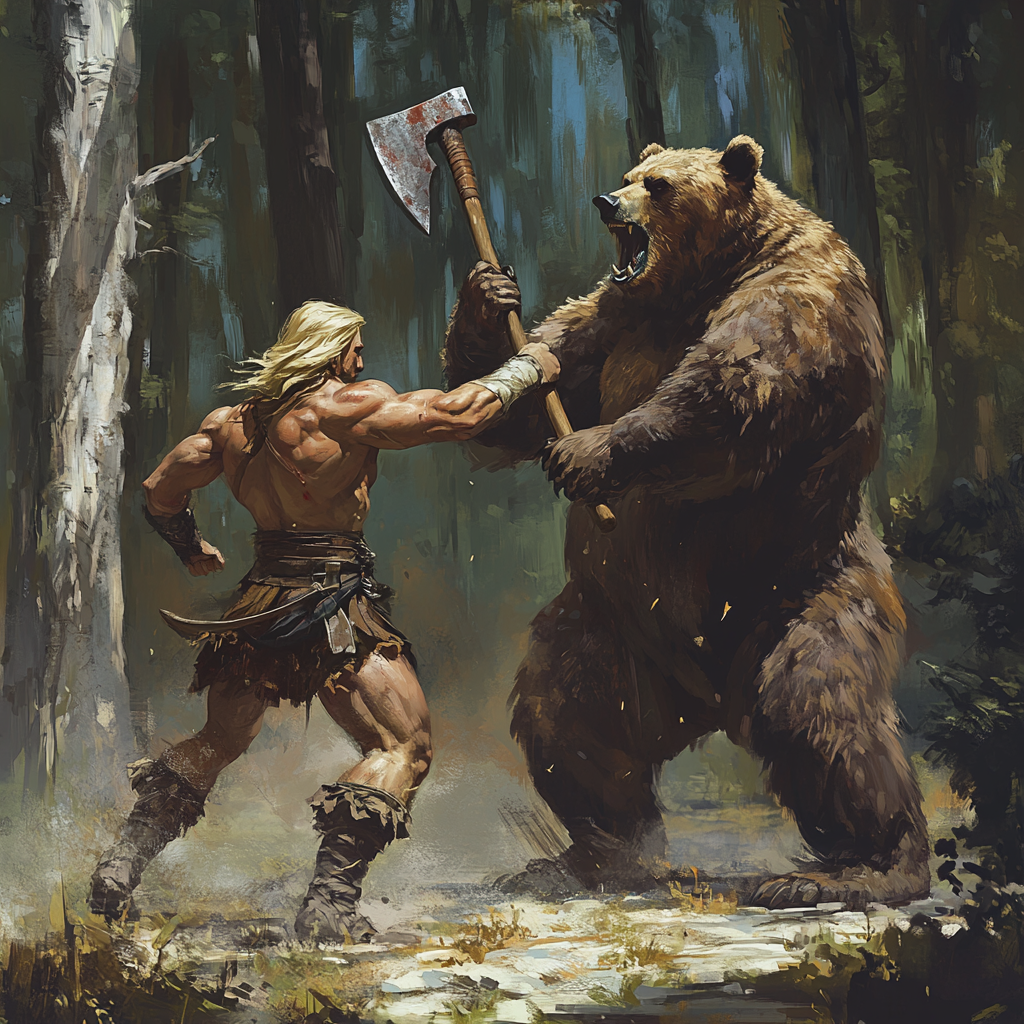 Blonde Gladiator vs Angry Bear in Forest - Stock Image