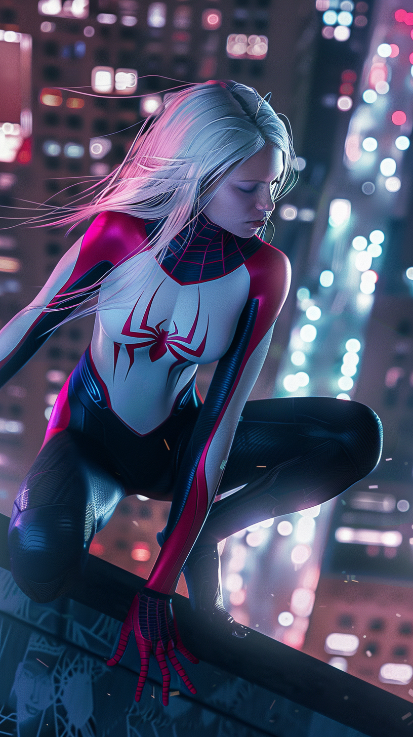 Blonde Spider-Gwen on NYC rooftop at night.