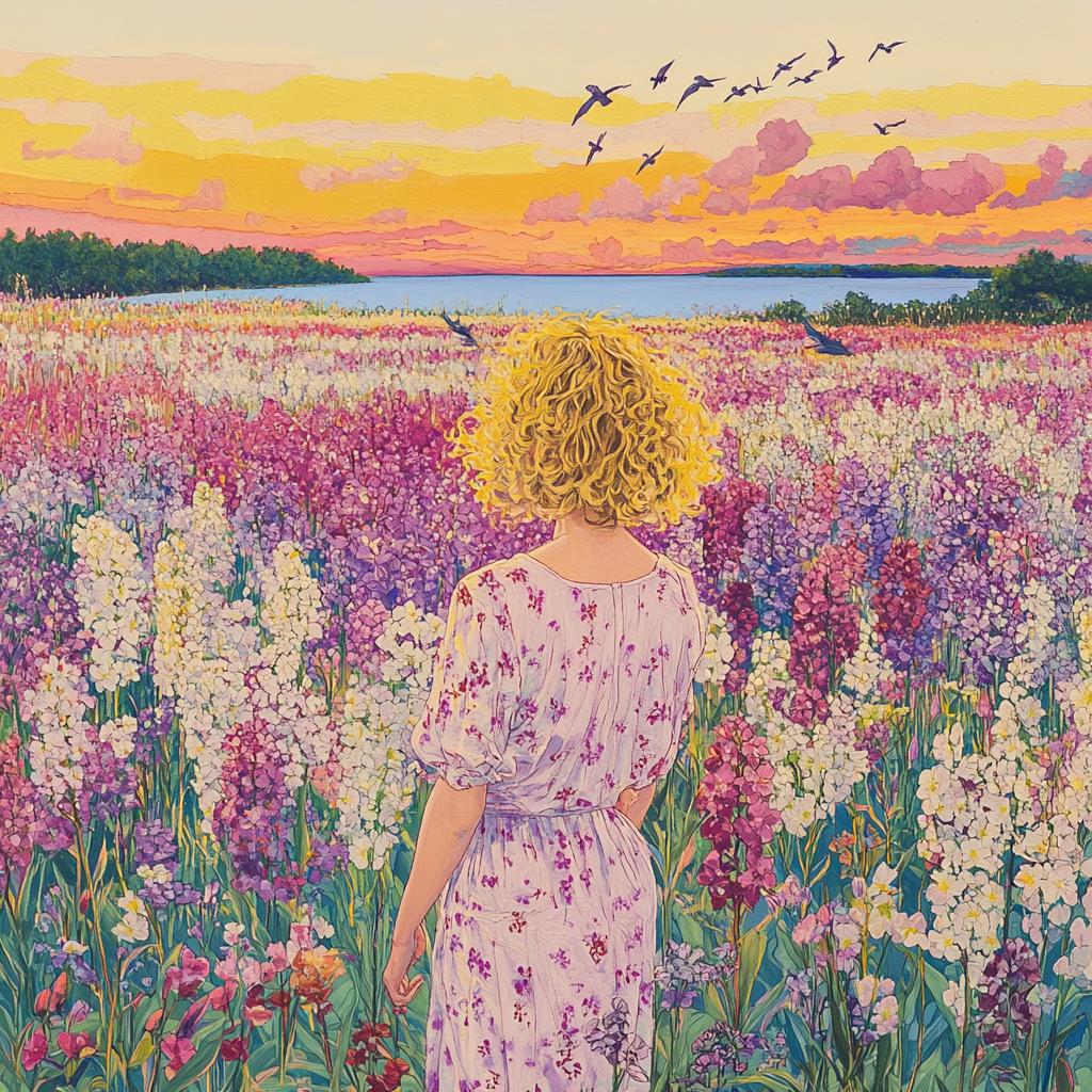 Blonde Woman Standing in Field of Orchids at Sunset