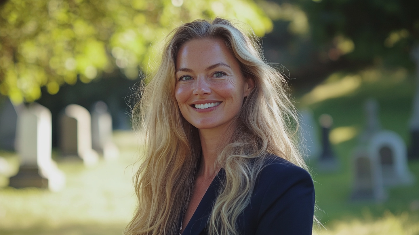 Blonde Woman in Dark Blue Business Clothes Smirking in Cemetery