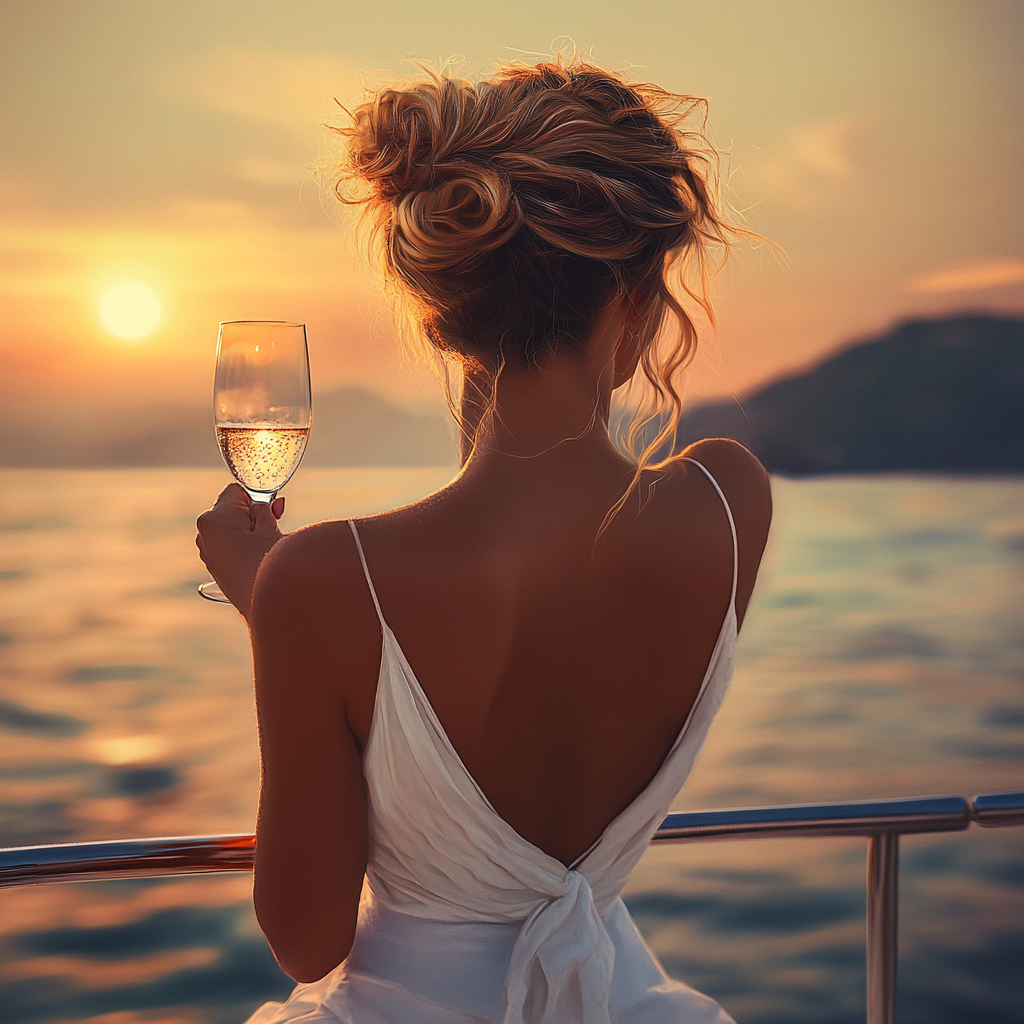 Blonde Woman in White Dress Enjoying Sunset on Yacht