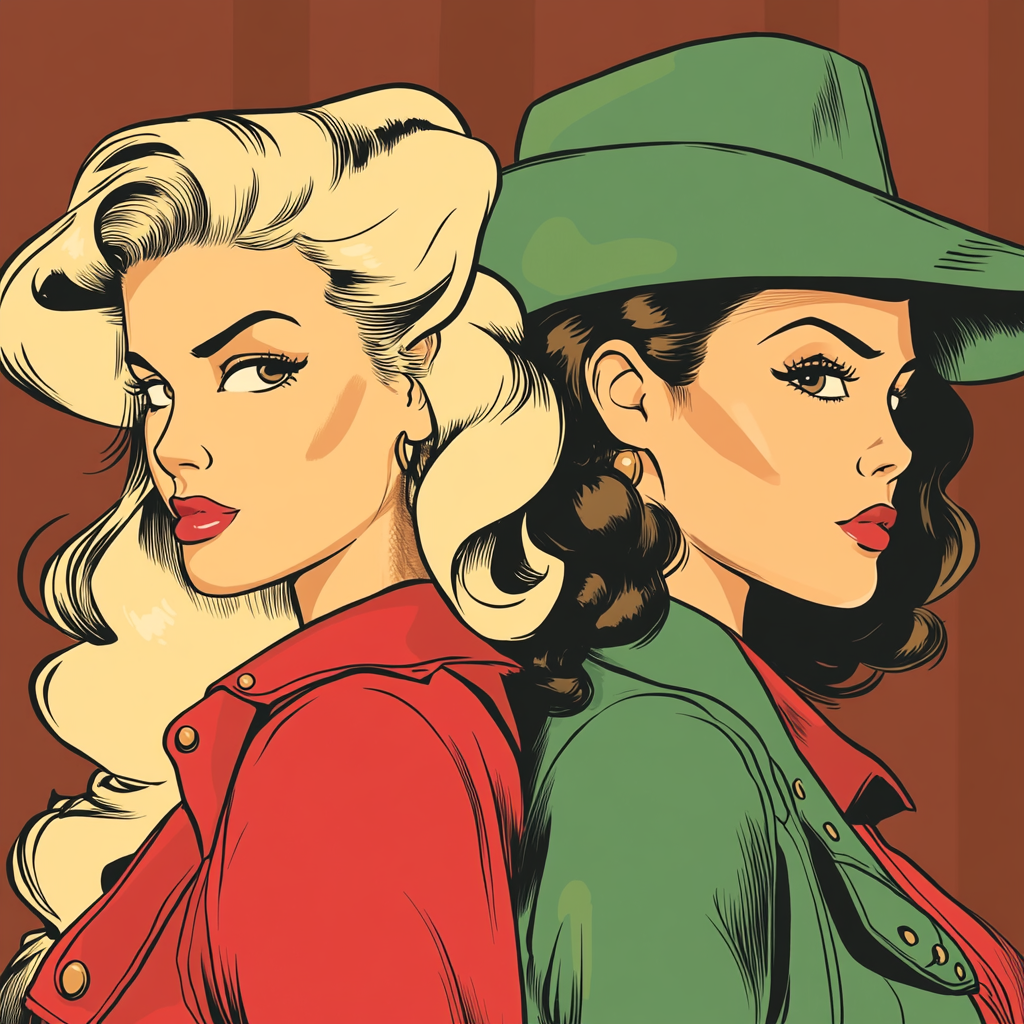 Blonde and brunette cowgirls in vintage comic style.