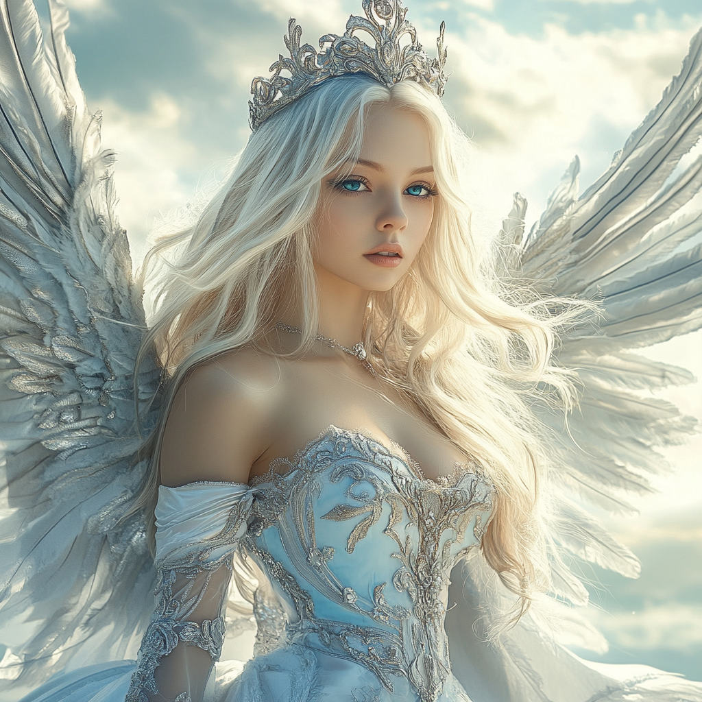 Blonde angel with crown, blue eyes, flying in sky.