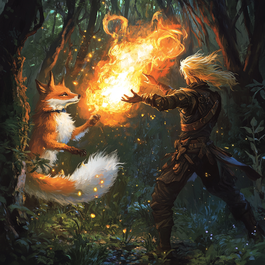 Blonde artificer fails casting fireball, hits two-tailed kitsune.