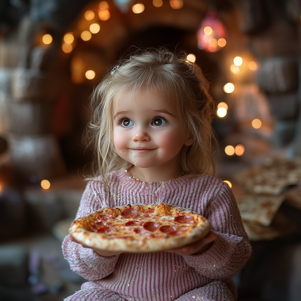 Blonde baby eating pizza in magical castle