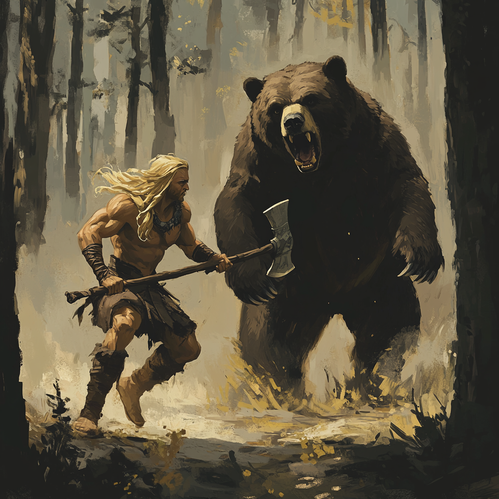 Blonde barbarian battles bear in forest, equal height, axe