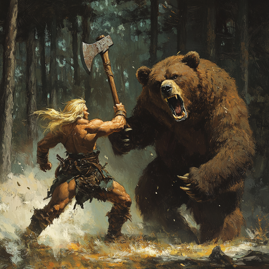 Blonde barbarian with two-handed axe battles bear 