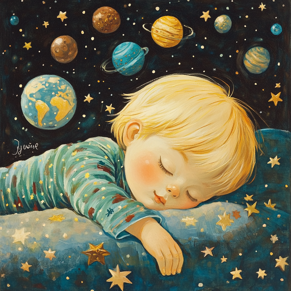 Blonde boy sleeping surrounded by stars and planets.