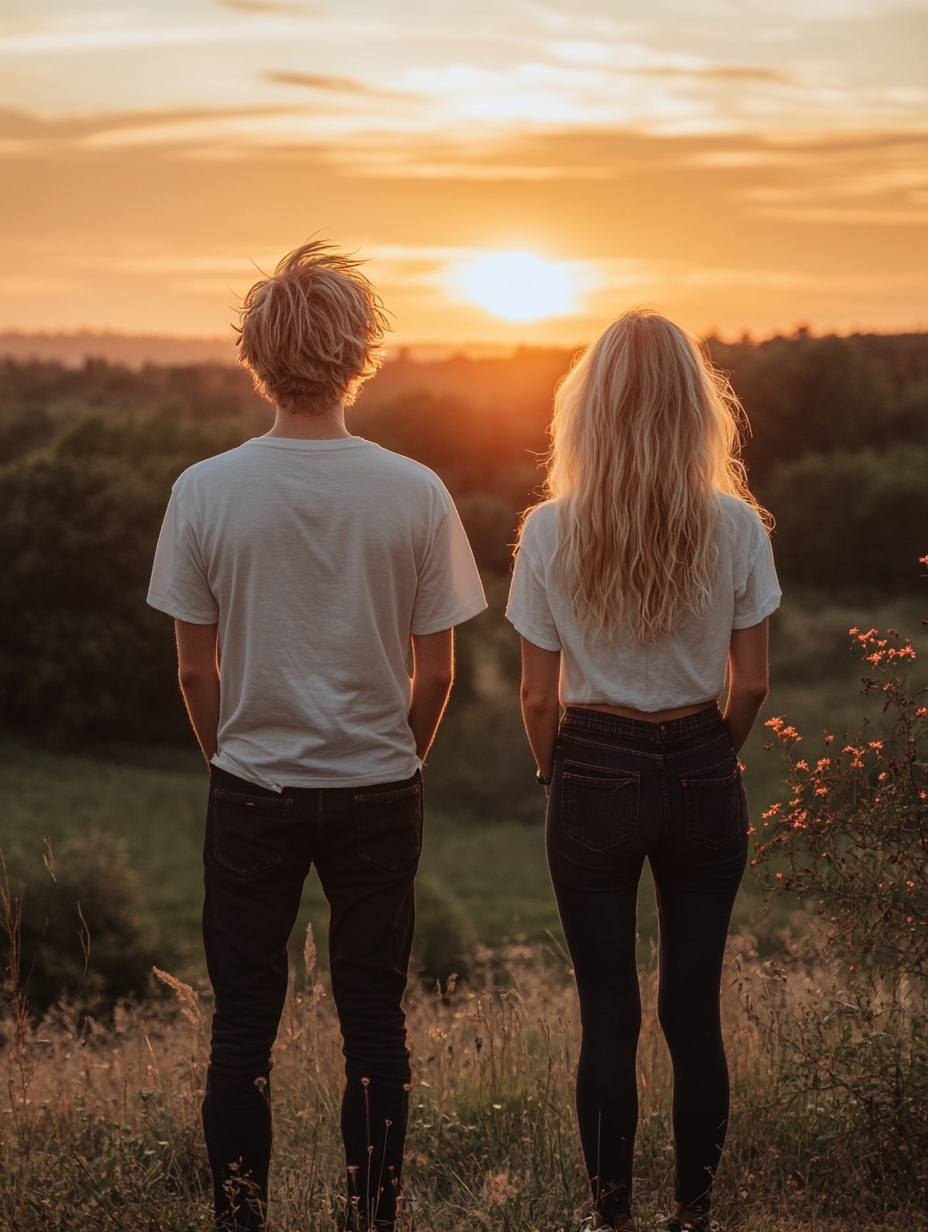 Blonde couple in black shoes watching sunset together.