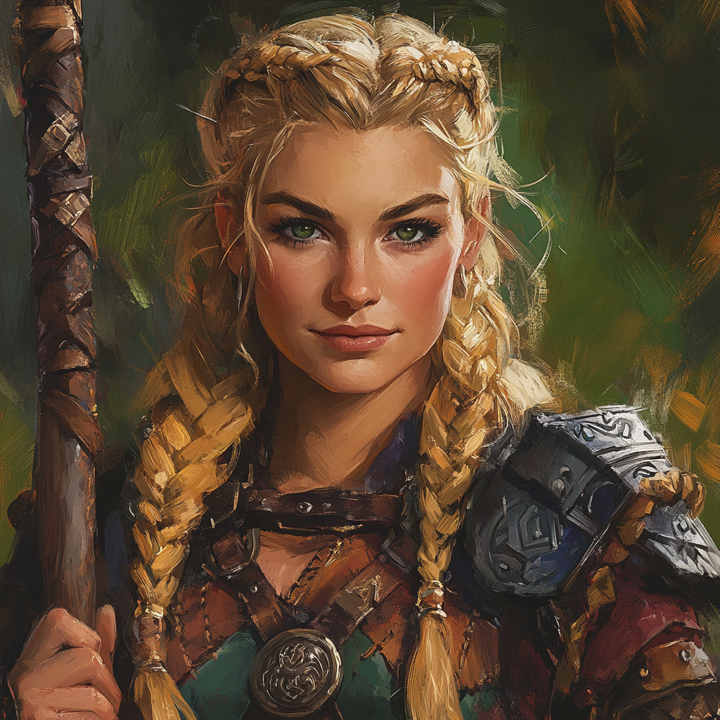 Blonde dwarf with warhammer in Viking style painting.