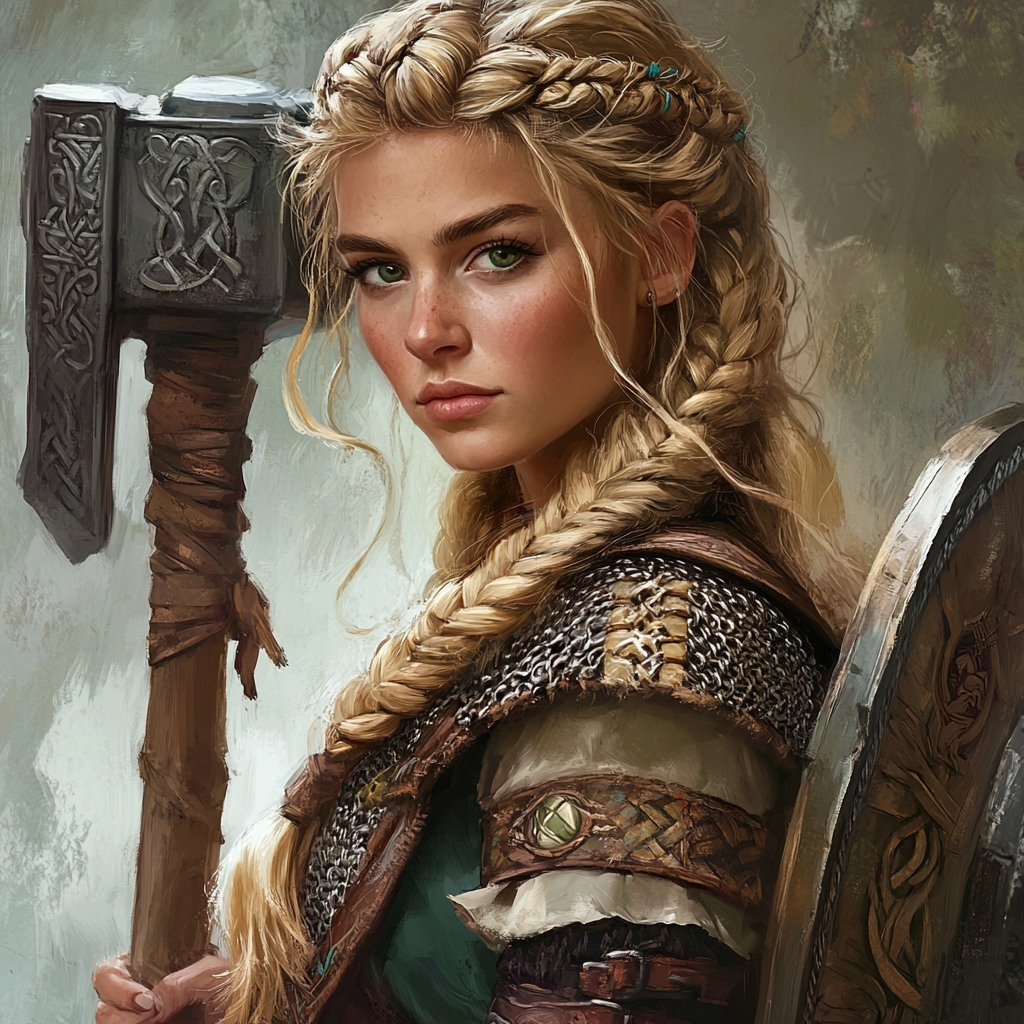 Blonde dwarf woman, green eyes, warhammer, valkyrie, oil paint.