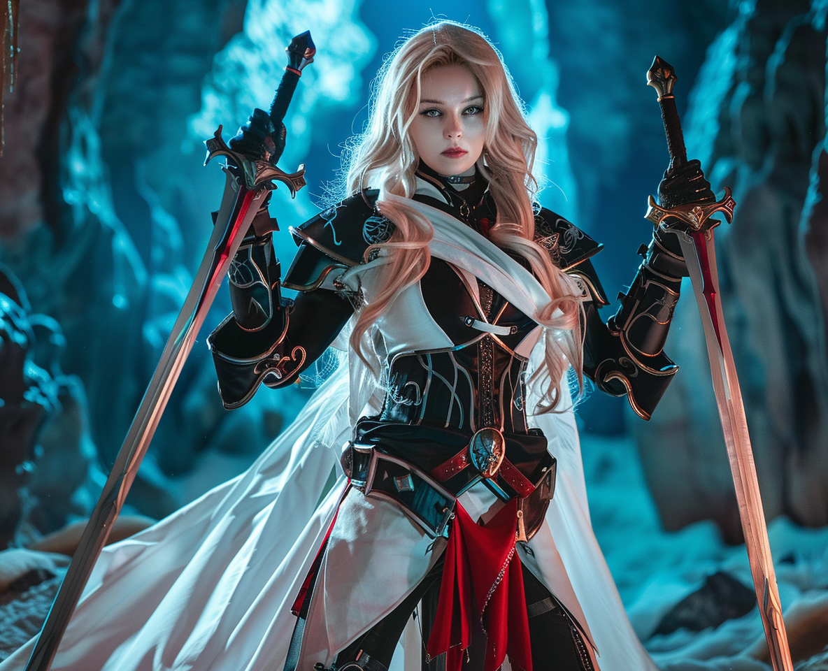 Blonde female archangel with swords in cave photo