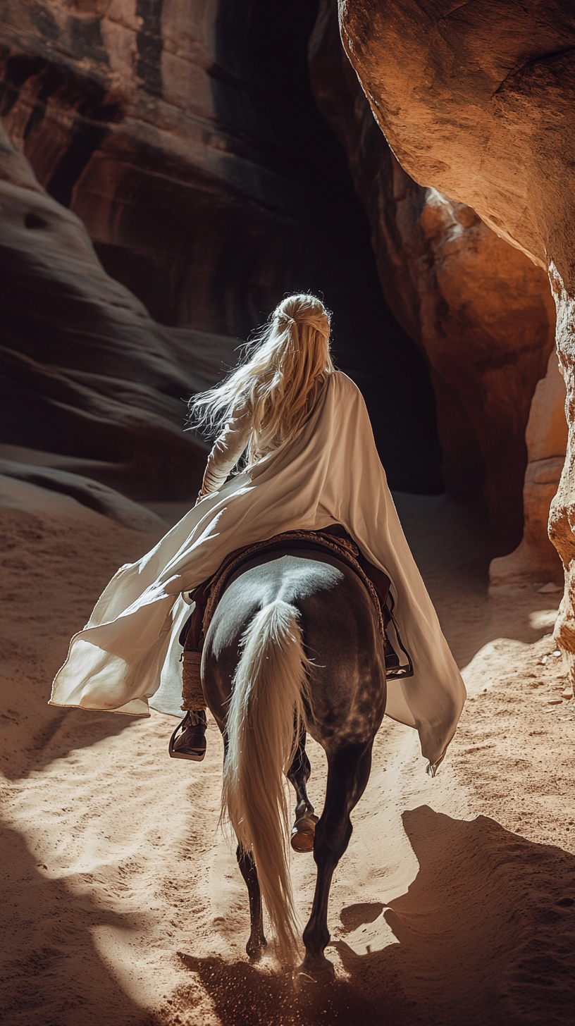 Blonde female on dapple horse in rock canyon sprinting.