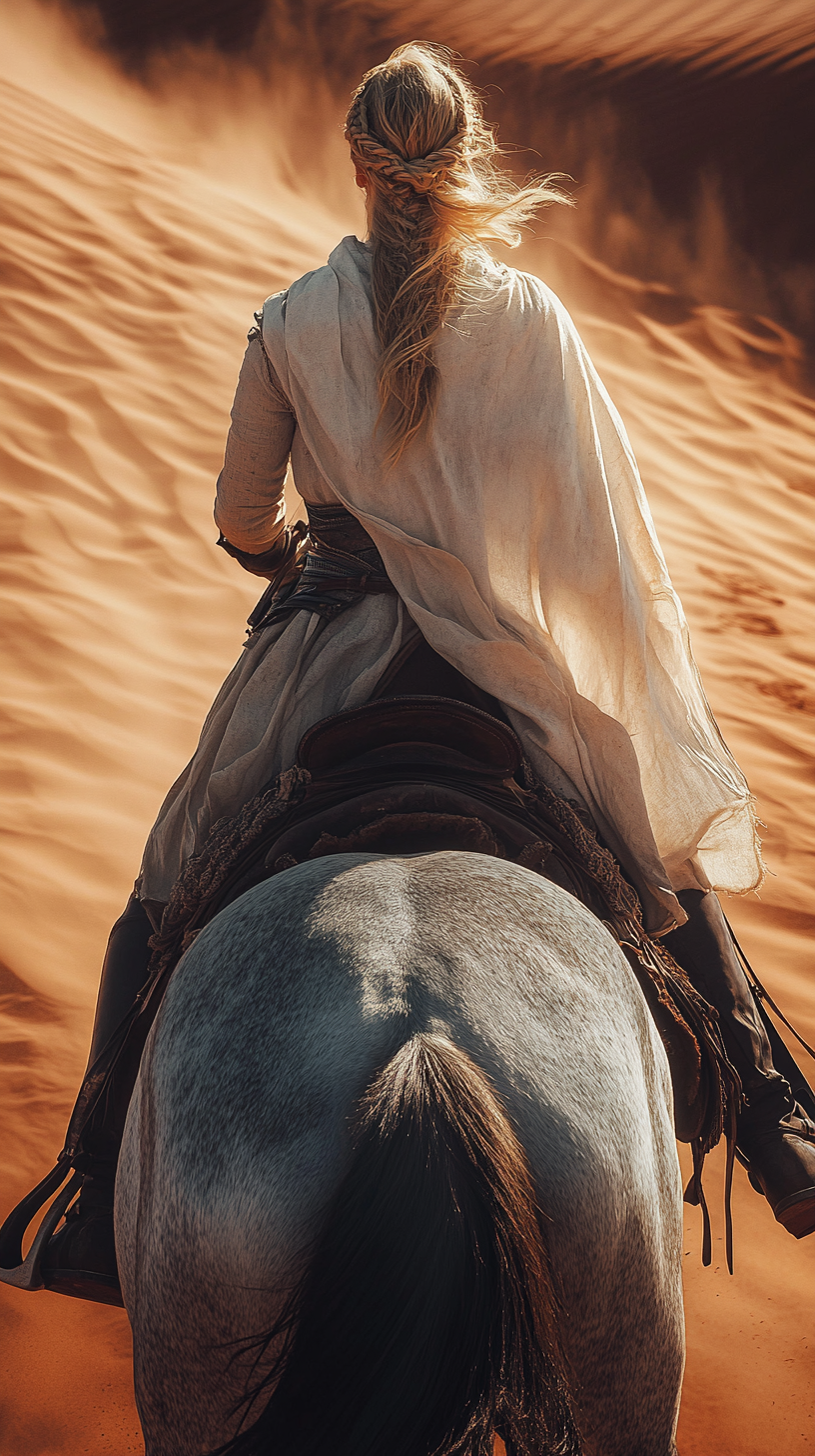 Blonde female rides dark gray dapple horse in desert.