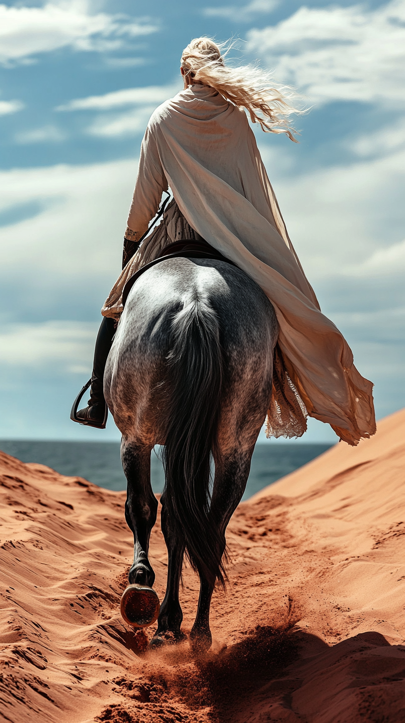 Blonde female riding dapple horse in desert and ocean.