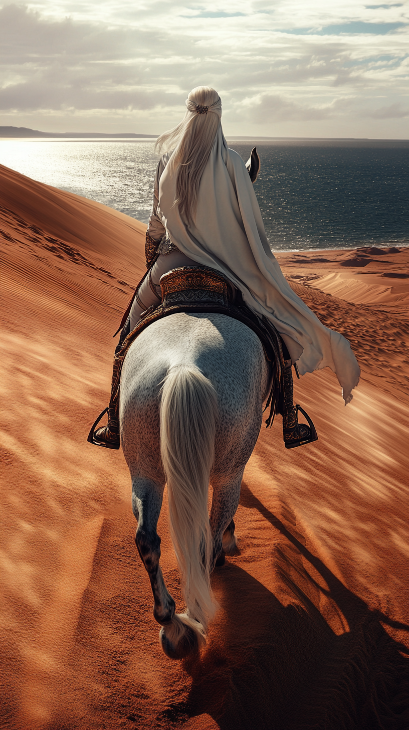 Blonde female riding dark gray dapple horse on dunes.