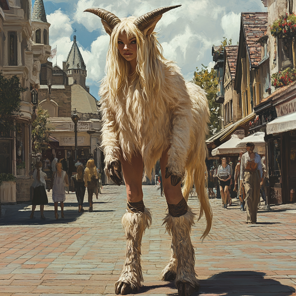 Blonde female satyr with goat legs in city square.