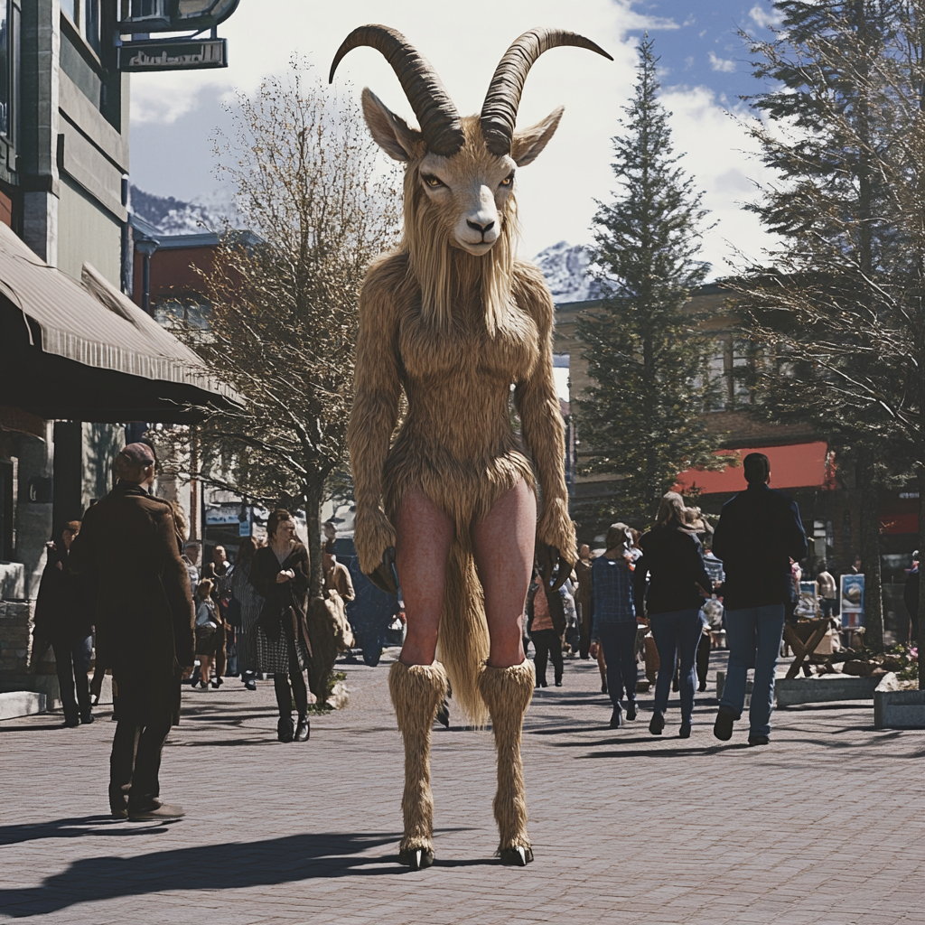 Blonde fur faun with goat legs in city square.