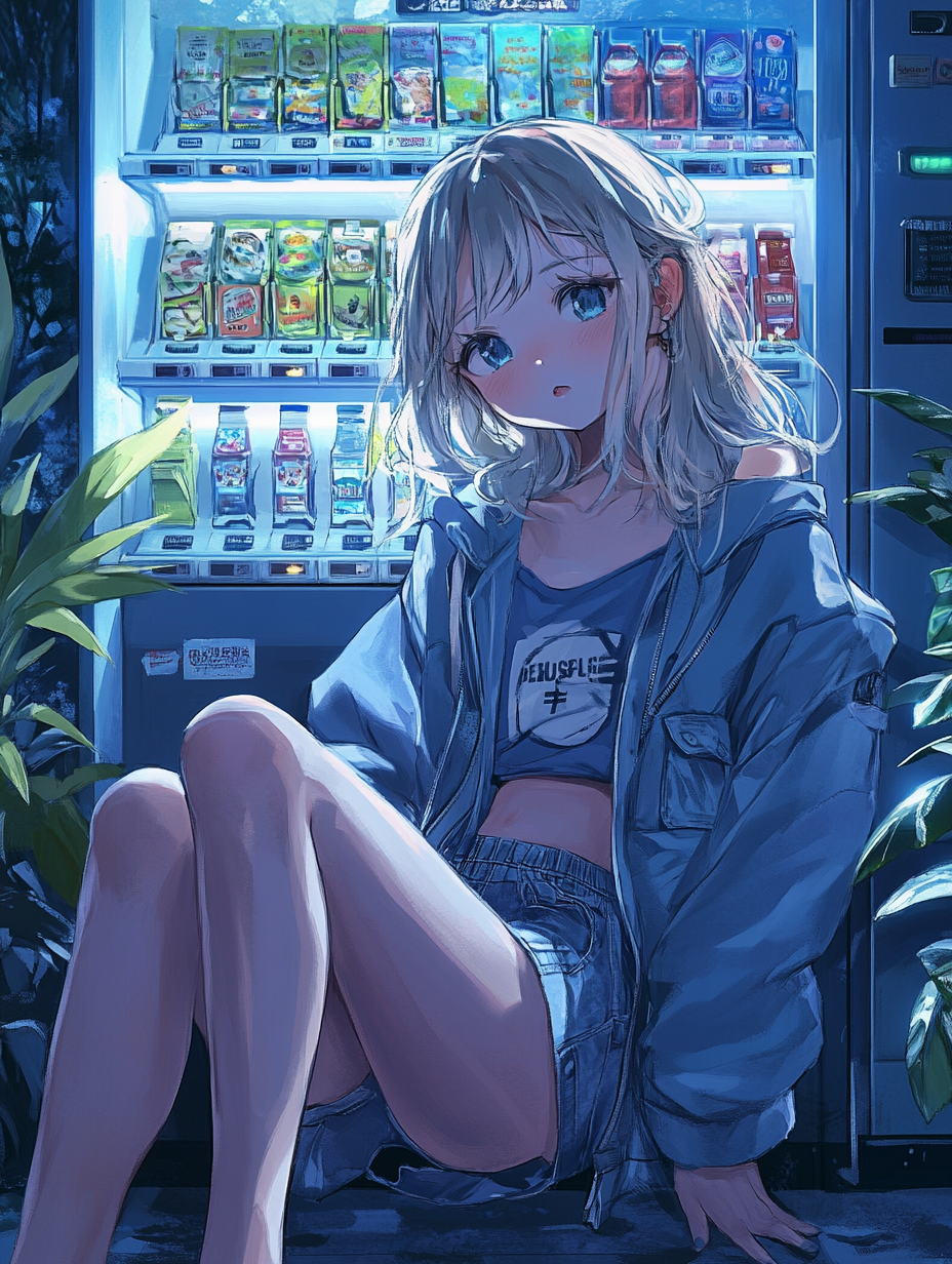 Blonde girl in casual outfit sitting near vending machine.