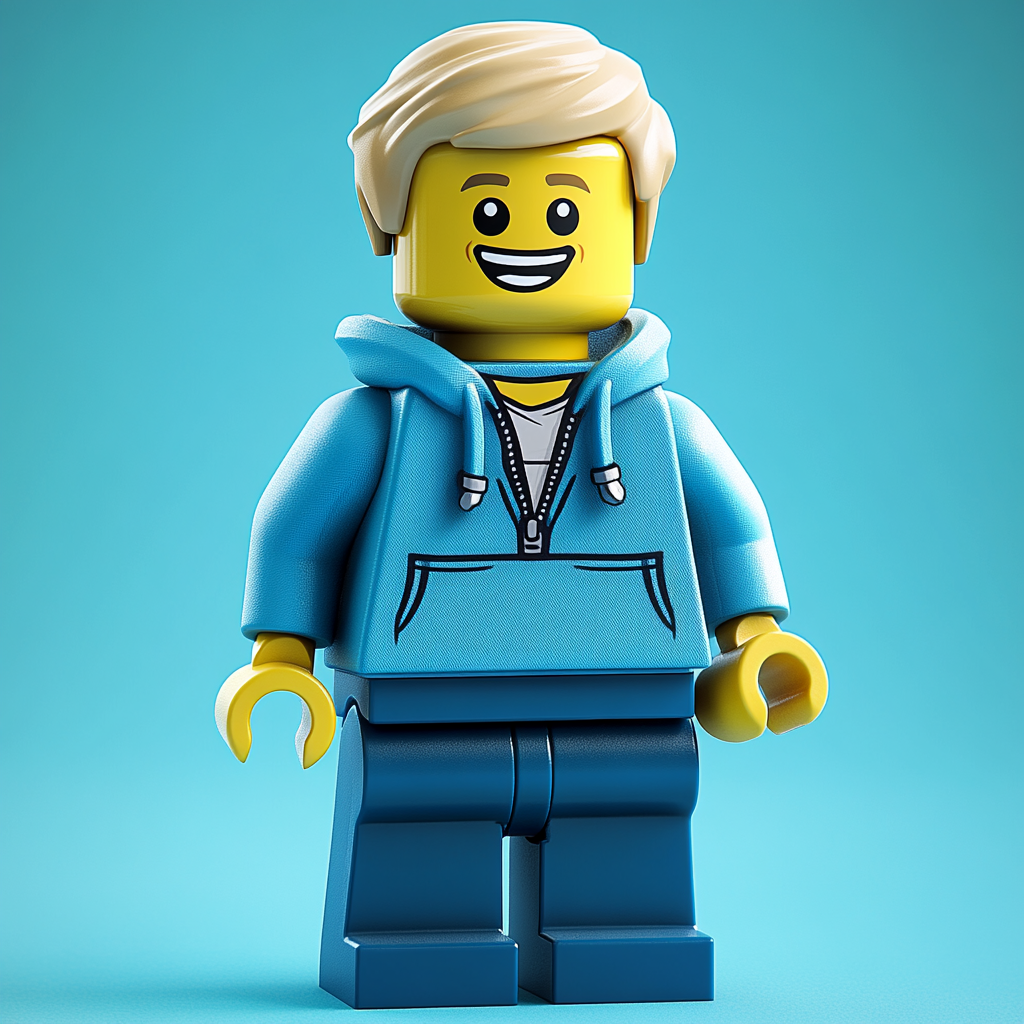 Blonde hair, brown eyes, blue hoodie toy mini-figure.