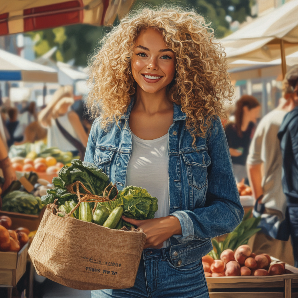 Blonde influencer at busy farmer's market, smiling warmly.