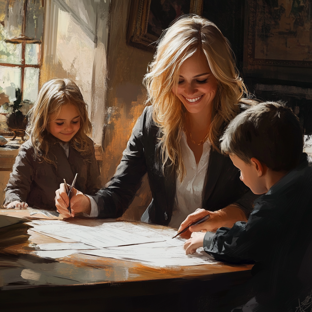 Blonde lawyer, kid, grandma at table smile, sign papers.