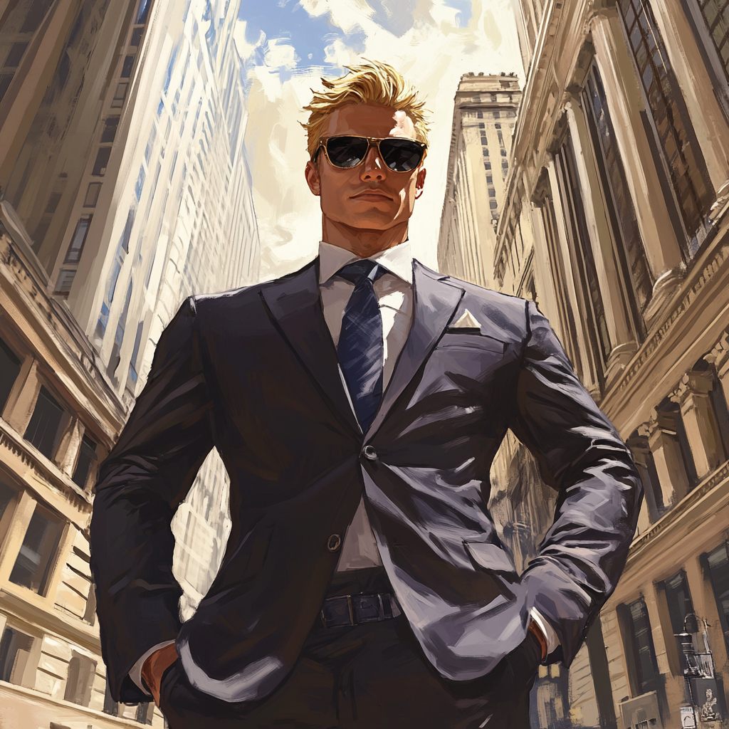 Blonde man in suit and sunglasses at NYSE.