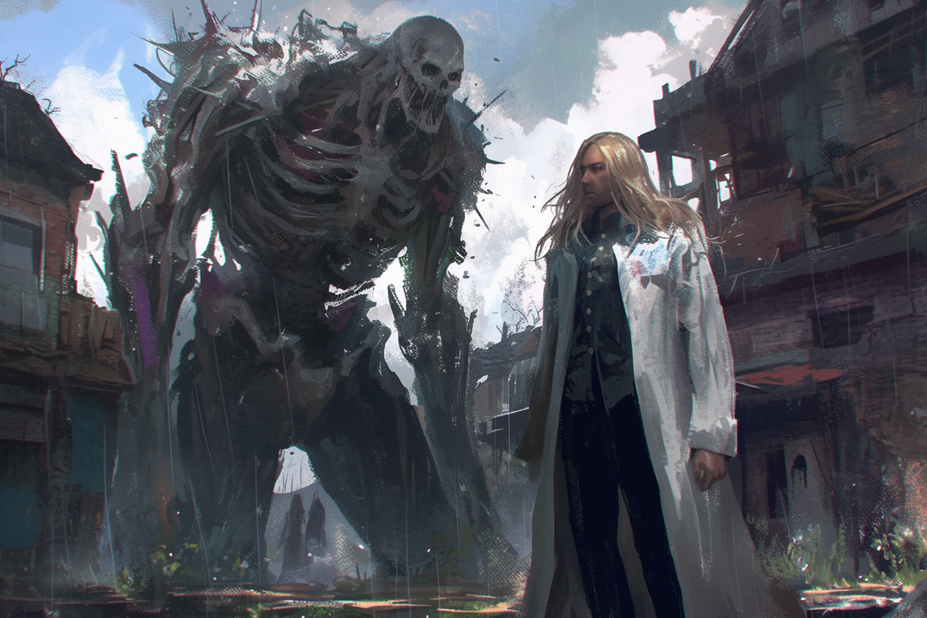 Blonde man in white coat, monster in town storm.