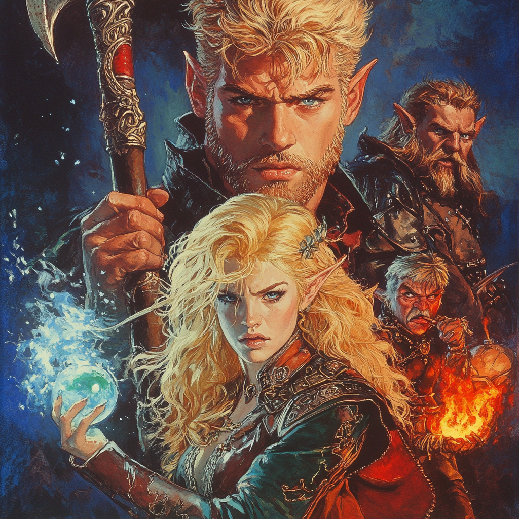 Blonde man with axe, elf with ice, fire genasi.