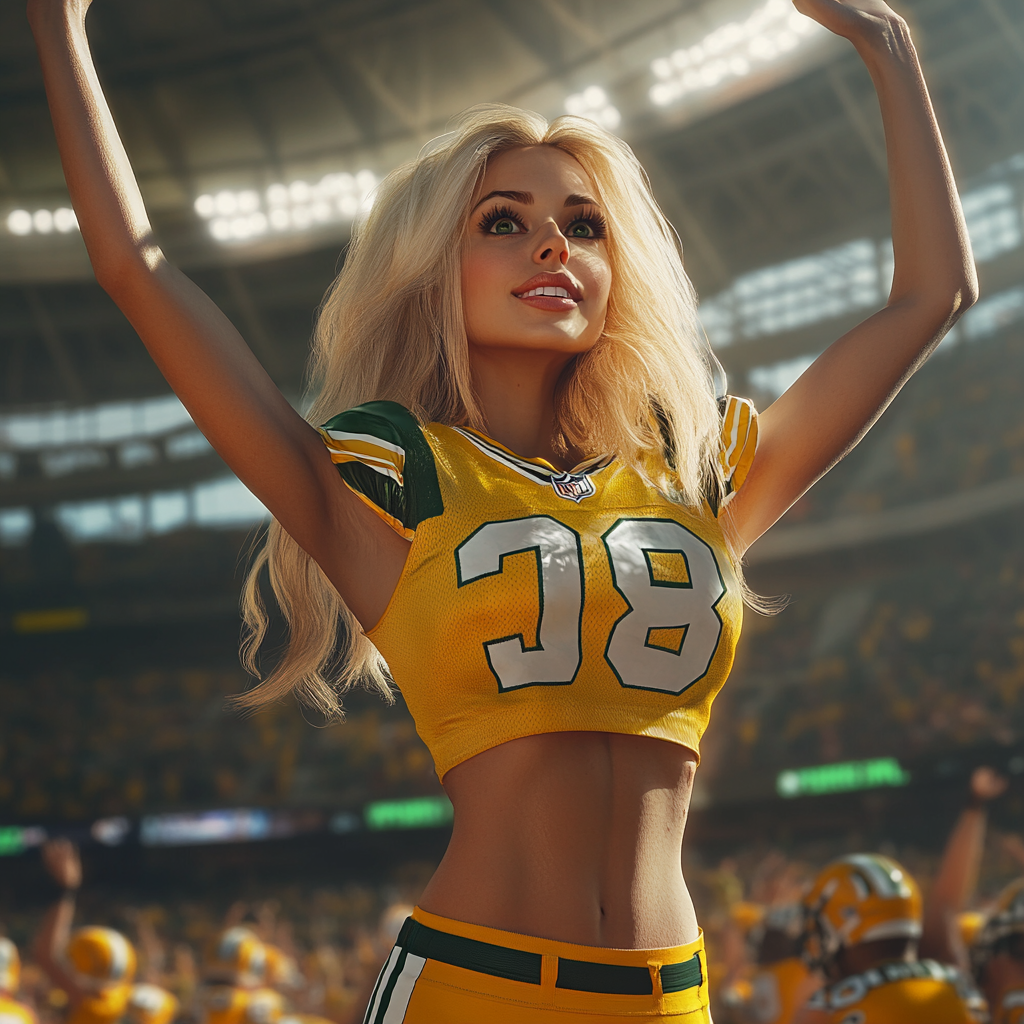 Blonde model in Packers jersey cheering at stadium.