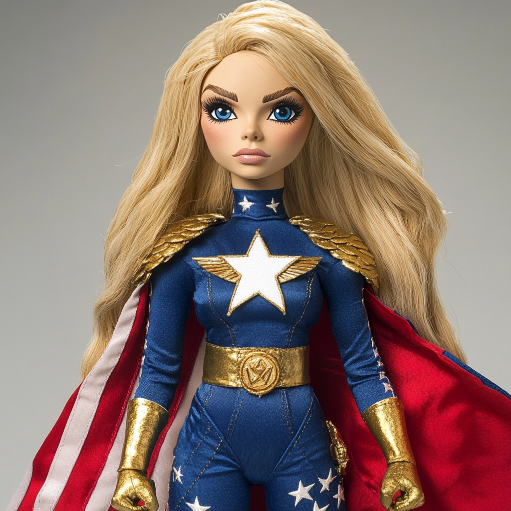 Blonde puppet hero with patriotic costume and cape.