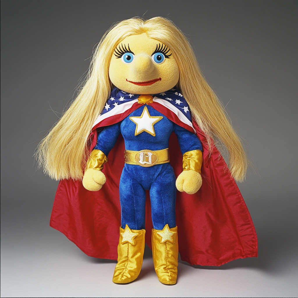 Blonde puppet with superhero bodysuit and American flag cape.