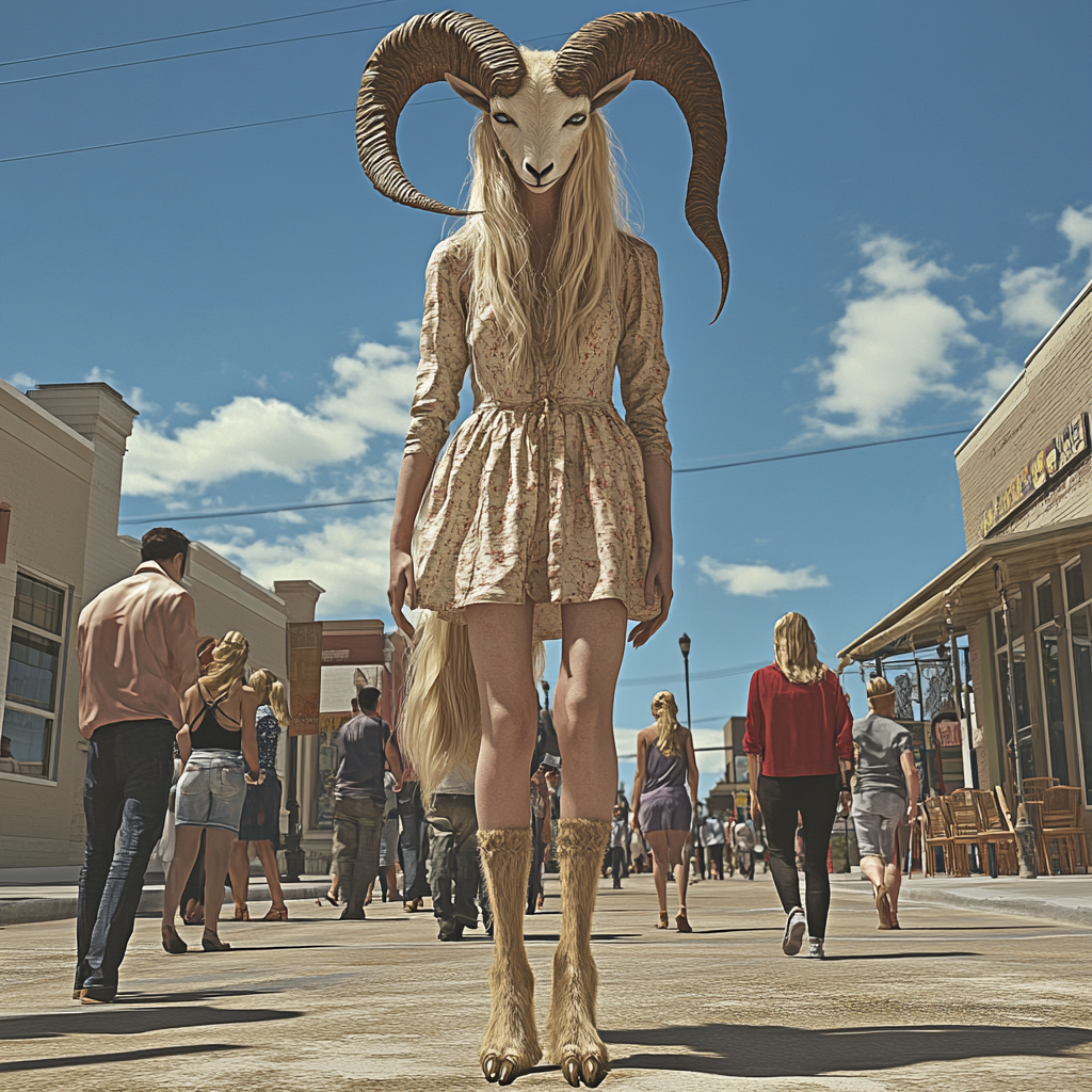 Blonde satyr with goat legs in small town.