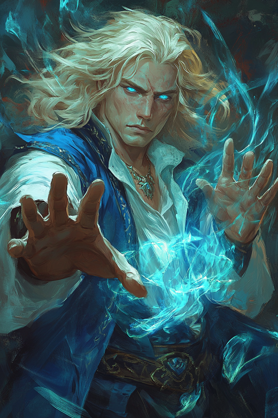 Blonde sorcerer in blue robes creating magic barrier.