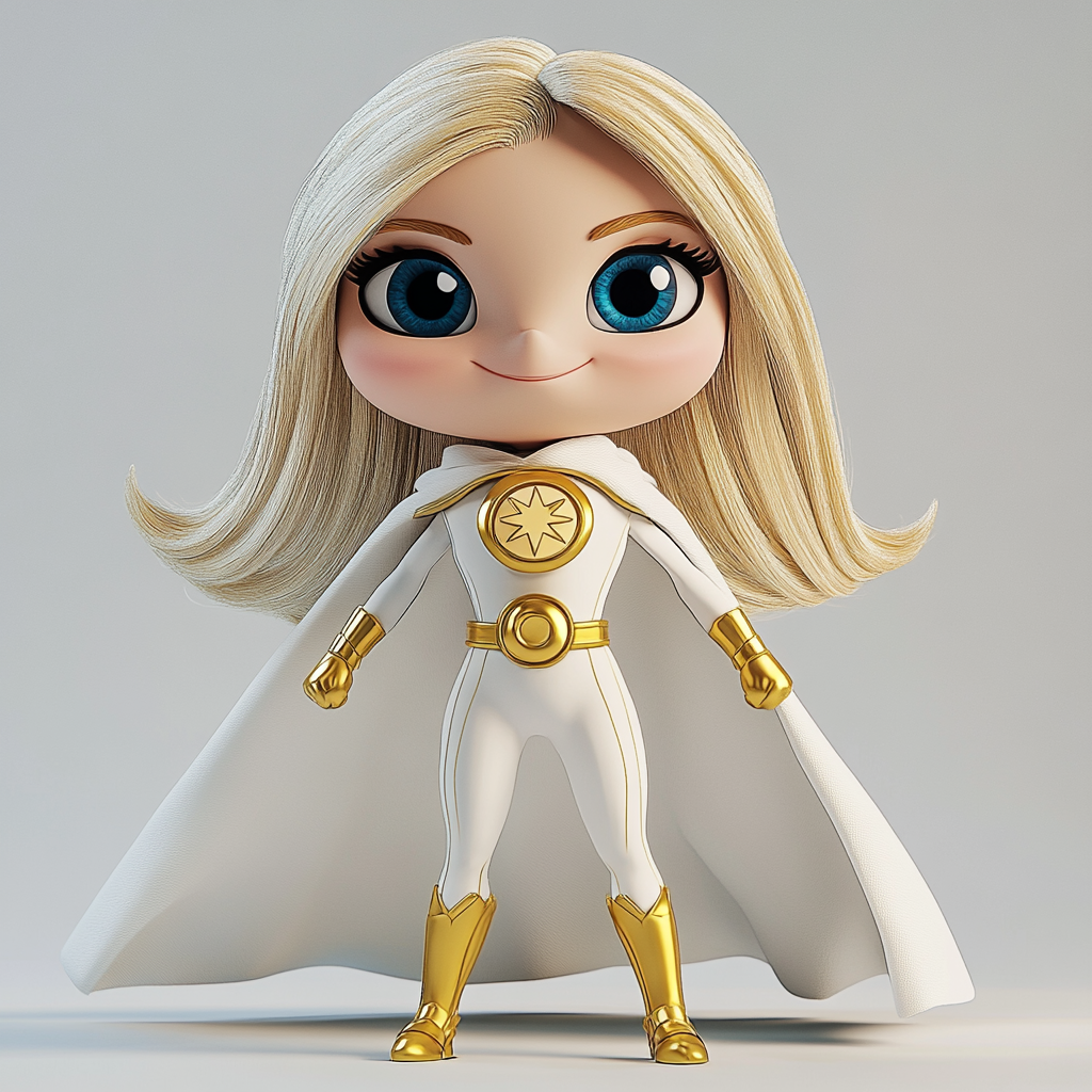 Blonde superhero puppet with blue eyes, white/gold costume.