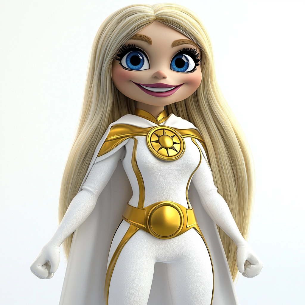 Blonde superhero puppet with white and gold costume.