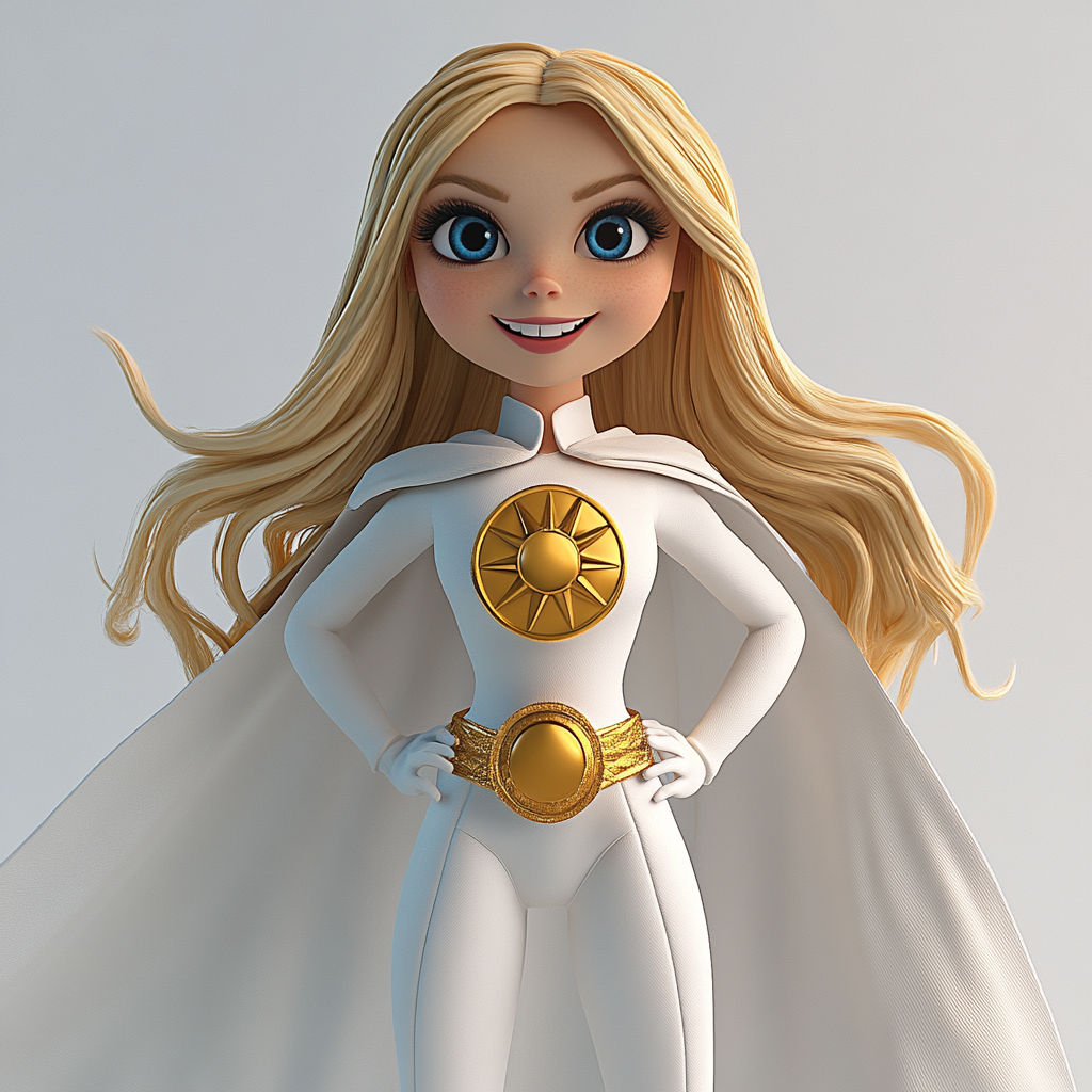 Blonde superhero with blue eyes in white and gold.