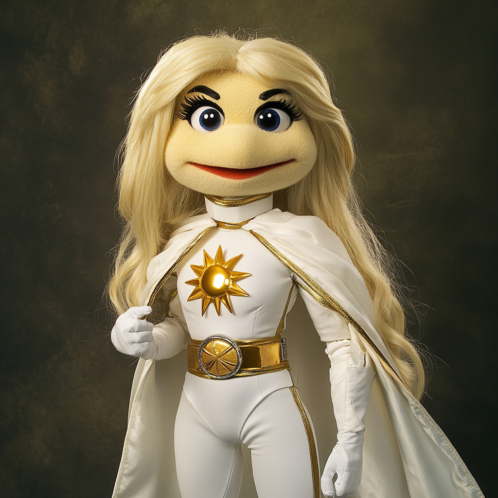 Blonde superheroine puppet with white and gold costume.