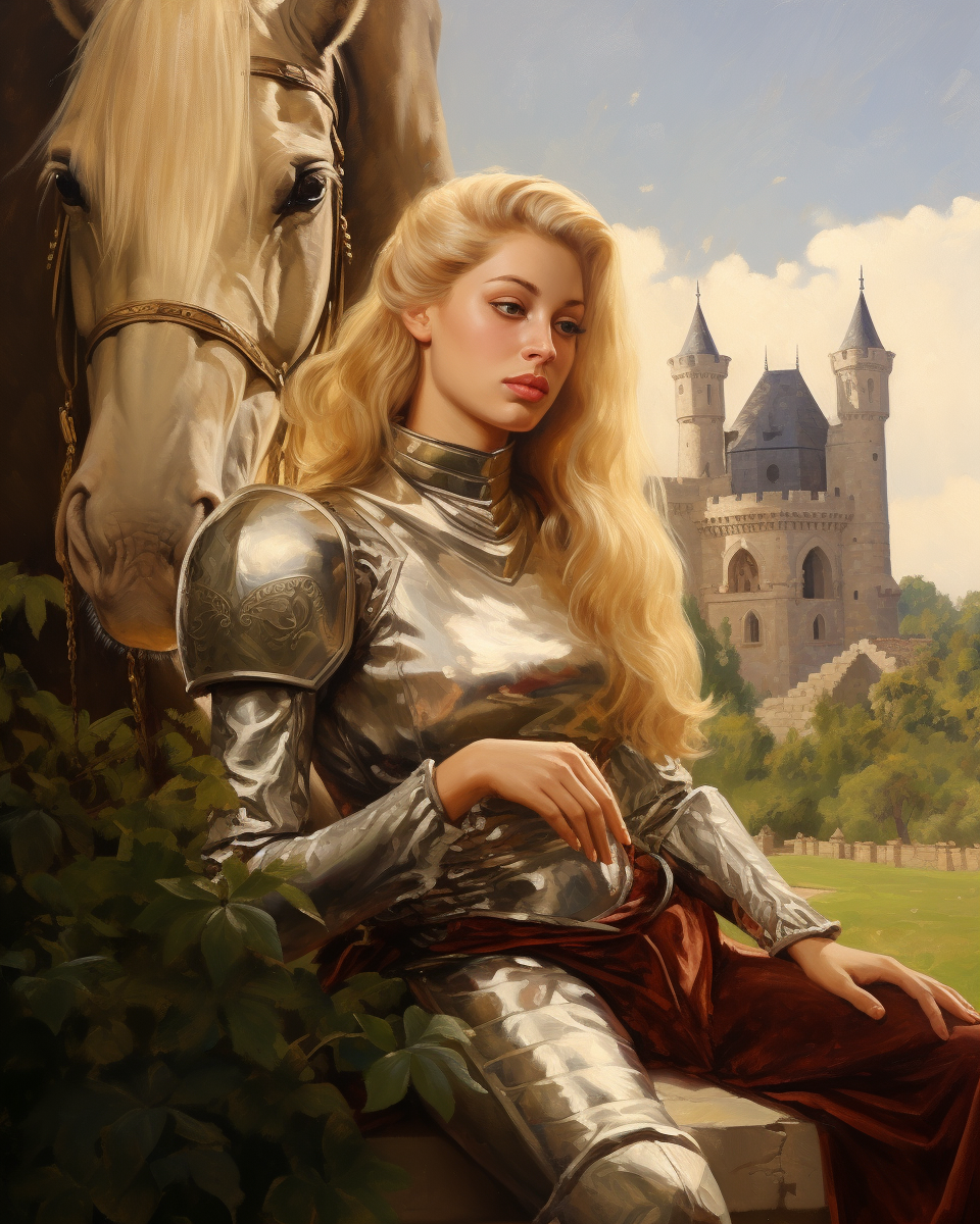 Blonde woman and knight in armor. Grass field castle.