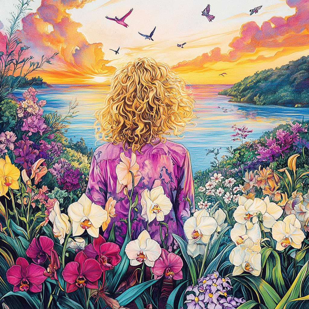 Blonde woman enjoying sunset in orchid field drawing