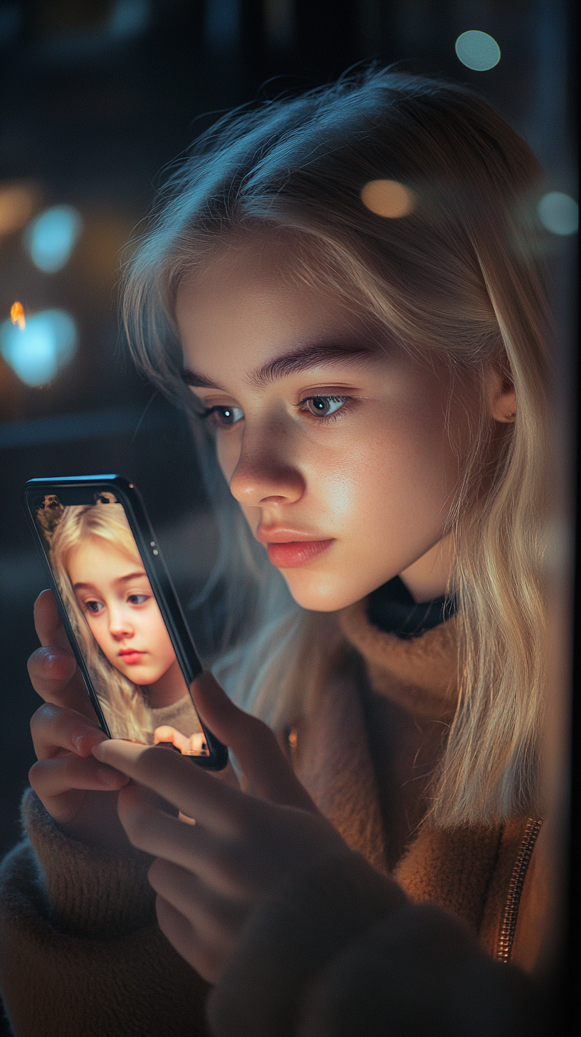 Blonde woman gazes at old reflection on smartphone screen.