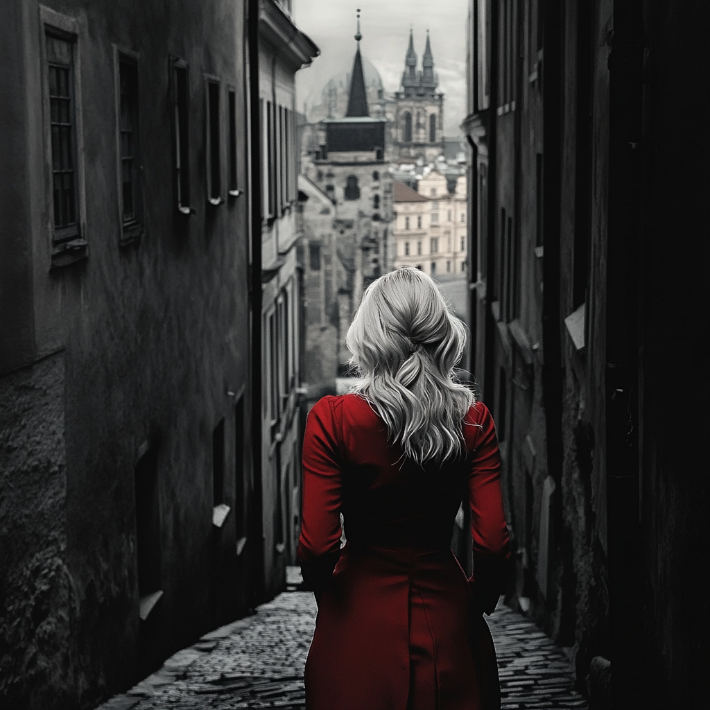 Blonde woman in Prague with red costume. Famous monument.