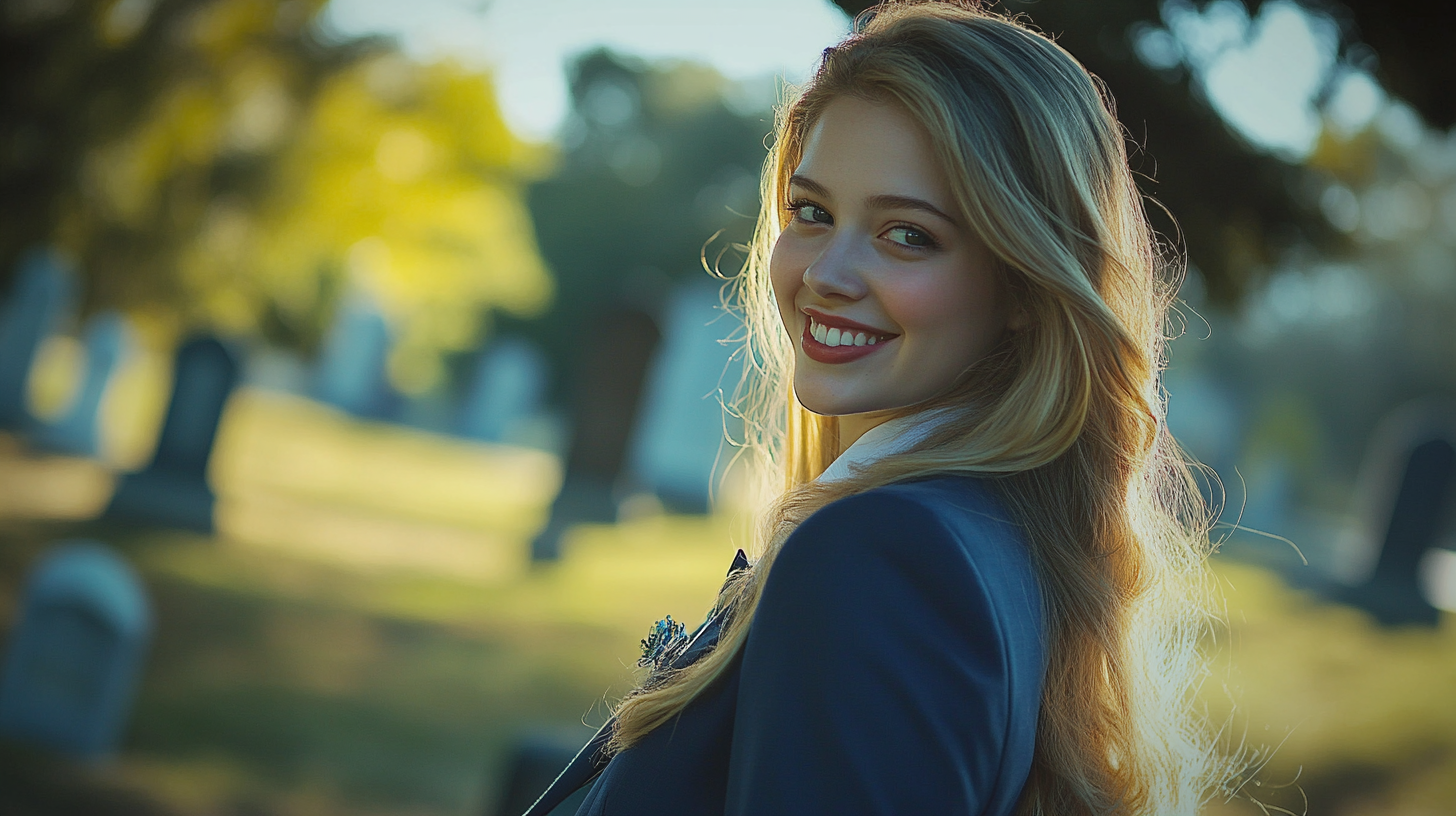 Blonde woman in blue business clothes grins in cemetery