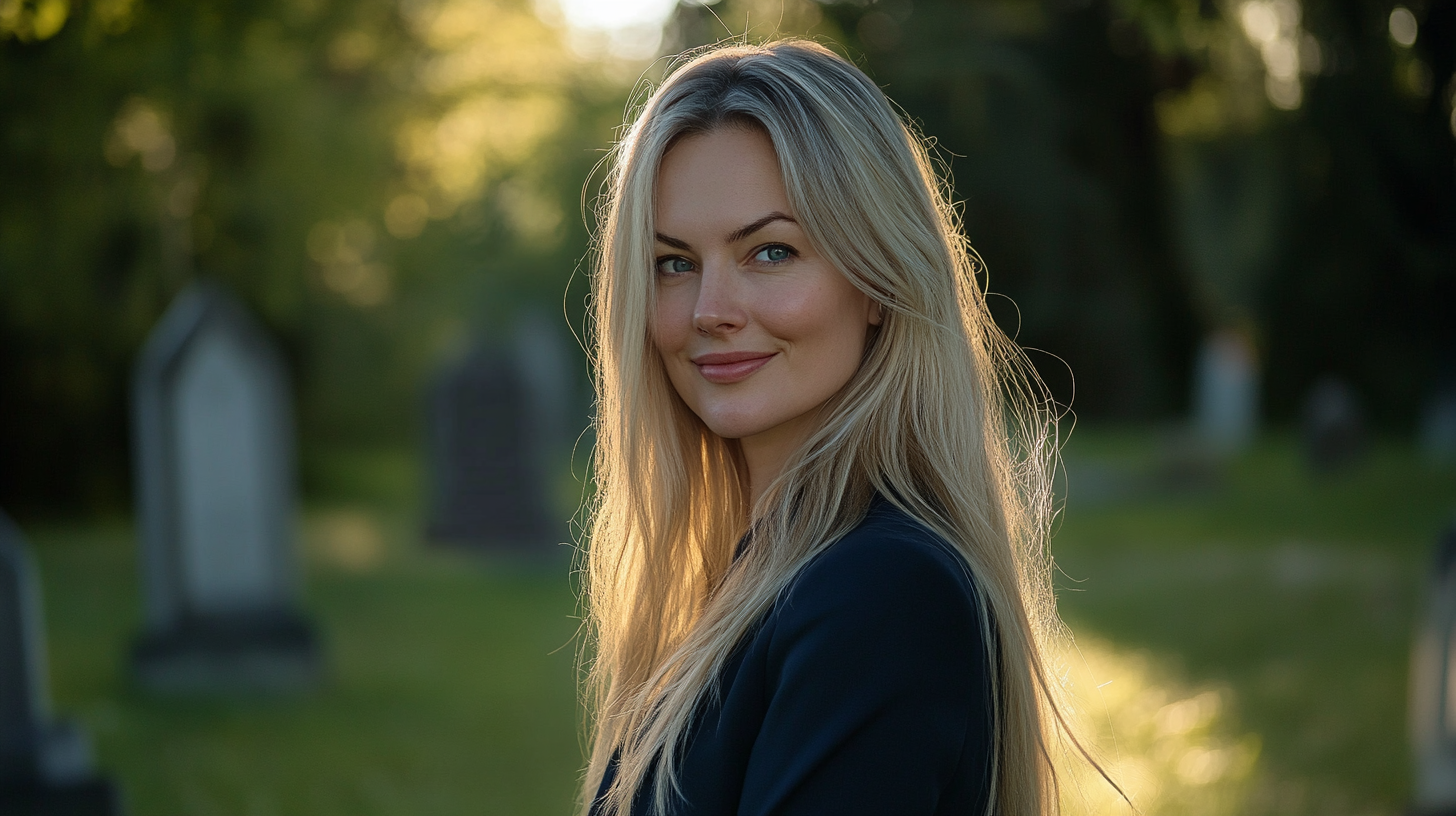 Blonde woman in blue business clothes in cemetery