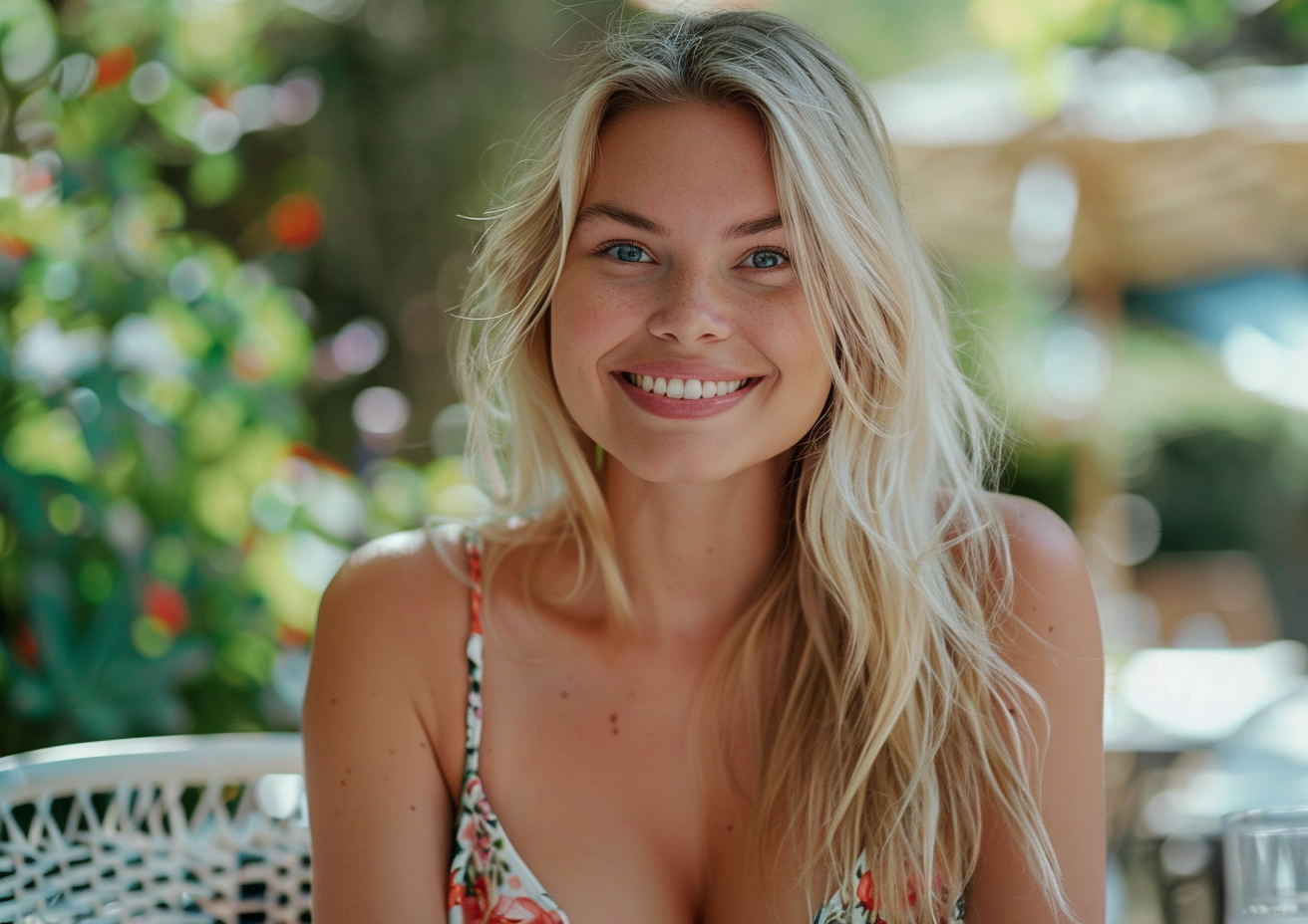 Blonde woman in floral dress smiling at garden table.