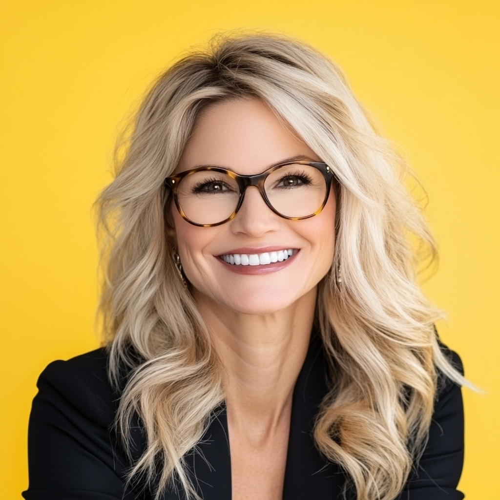 Blonde woman in glasses smiling on bright yellow background.