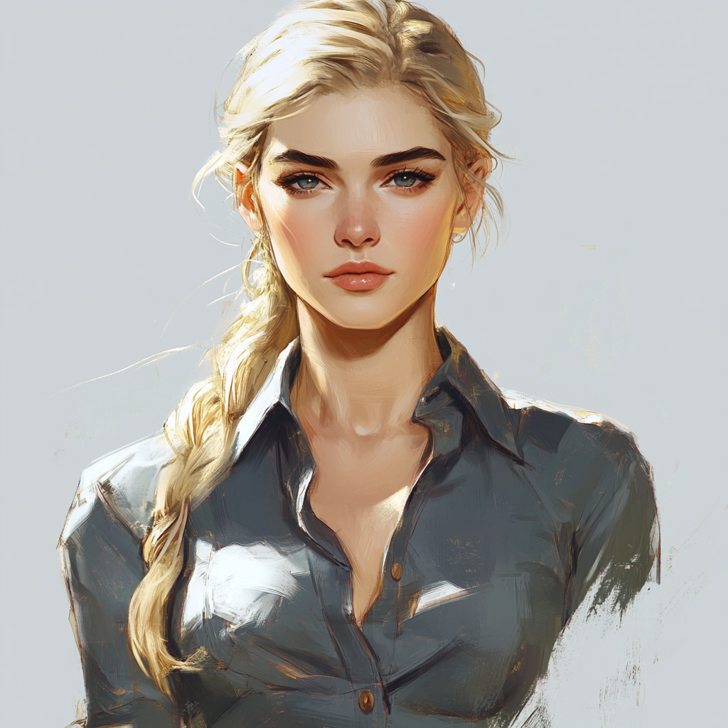 Blonde woman in grey shirt. Western theme character art.