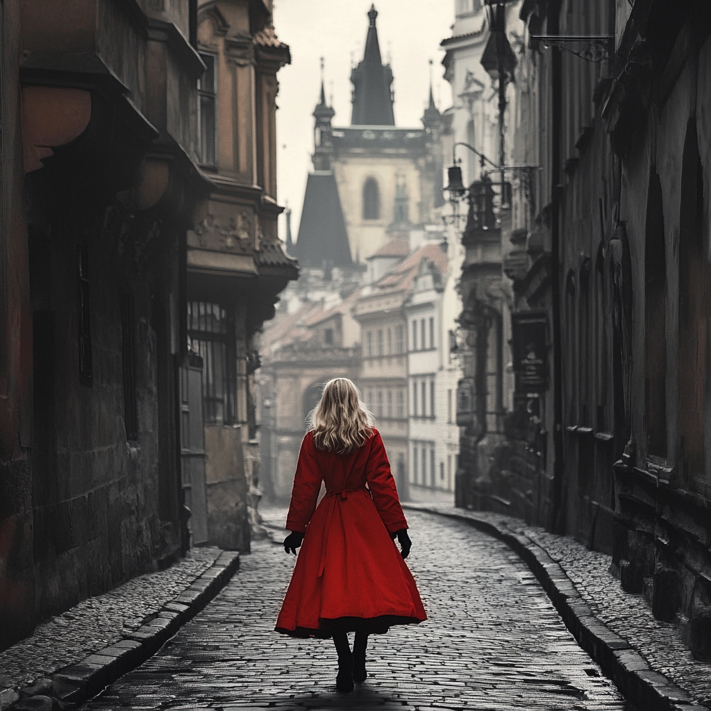 Blonde woman in red costume walks Prague street.