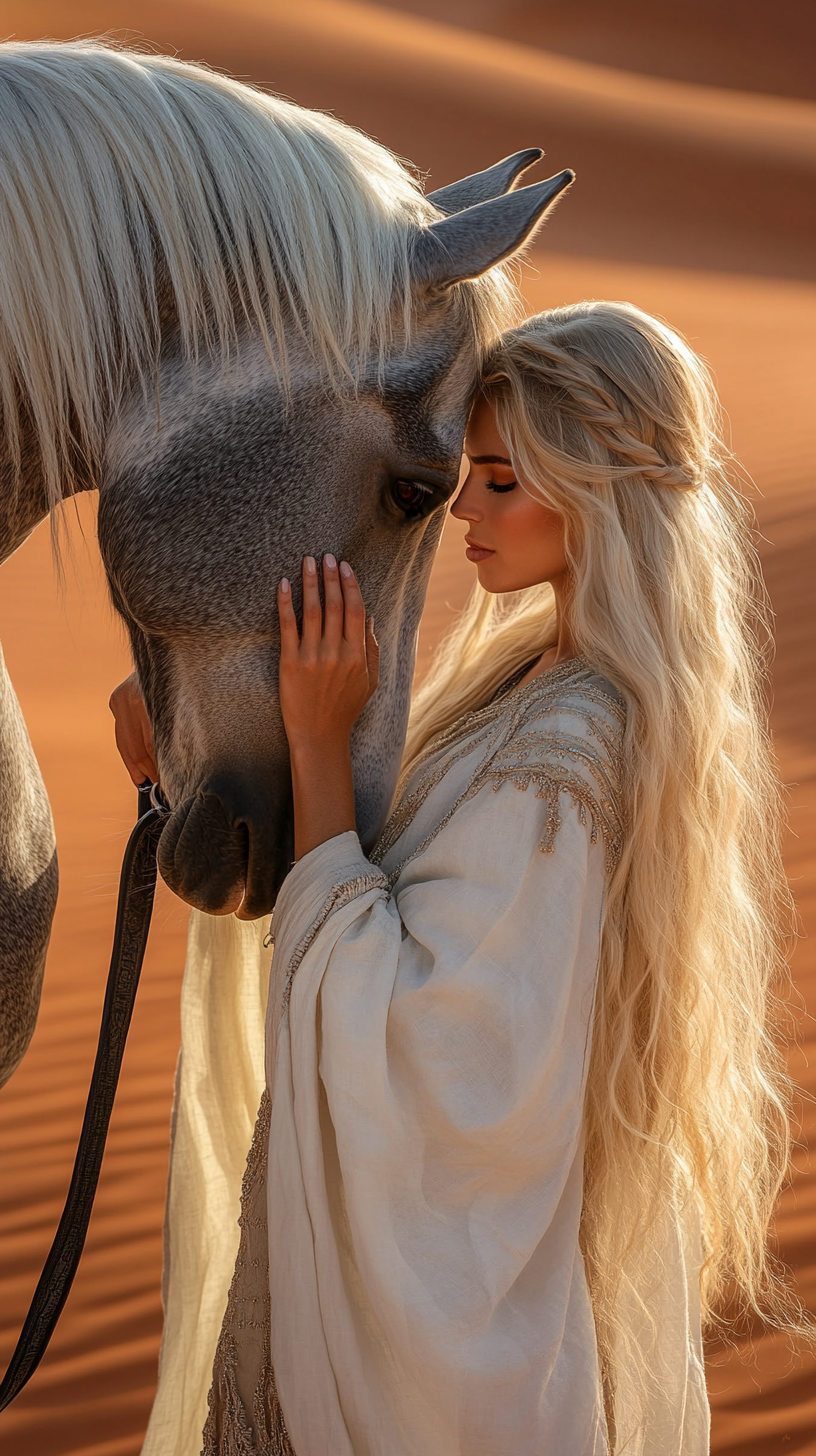 Blonde woman in white cape with gray horse.